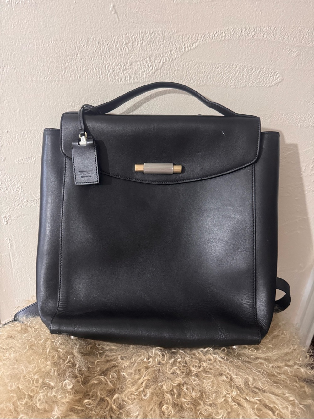 TUMI Black Leather Backpack + Zip Pouch